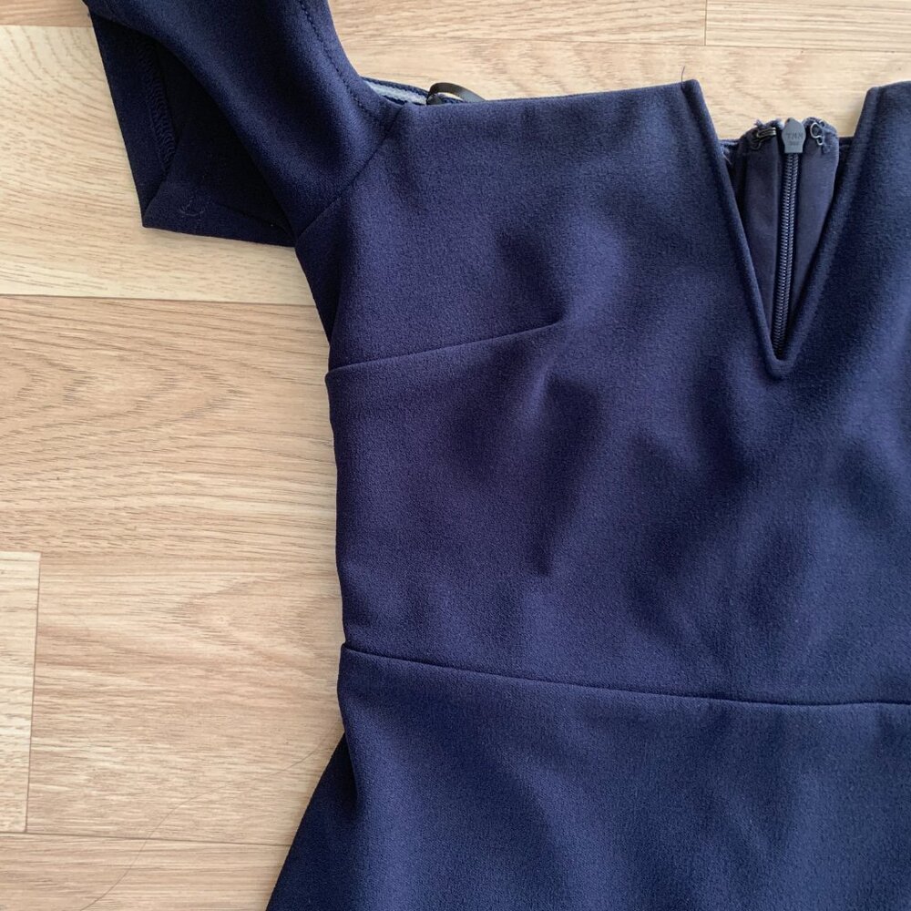 Dark Navy Blue Formal Off the Shoulder V Cut Long Maxi Dress - Picture 9 of 16